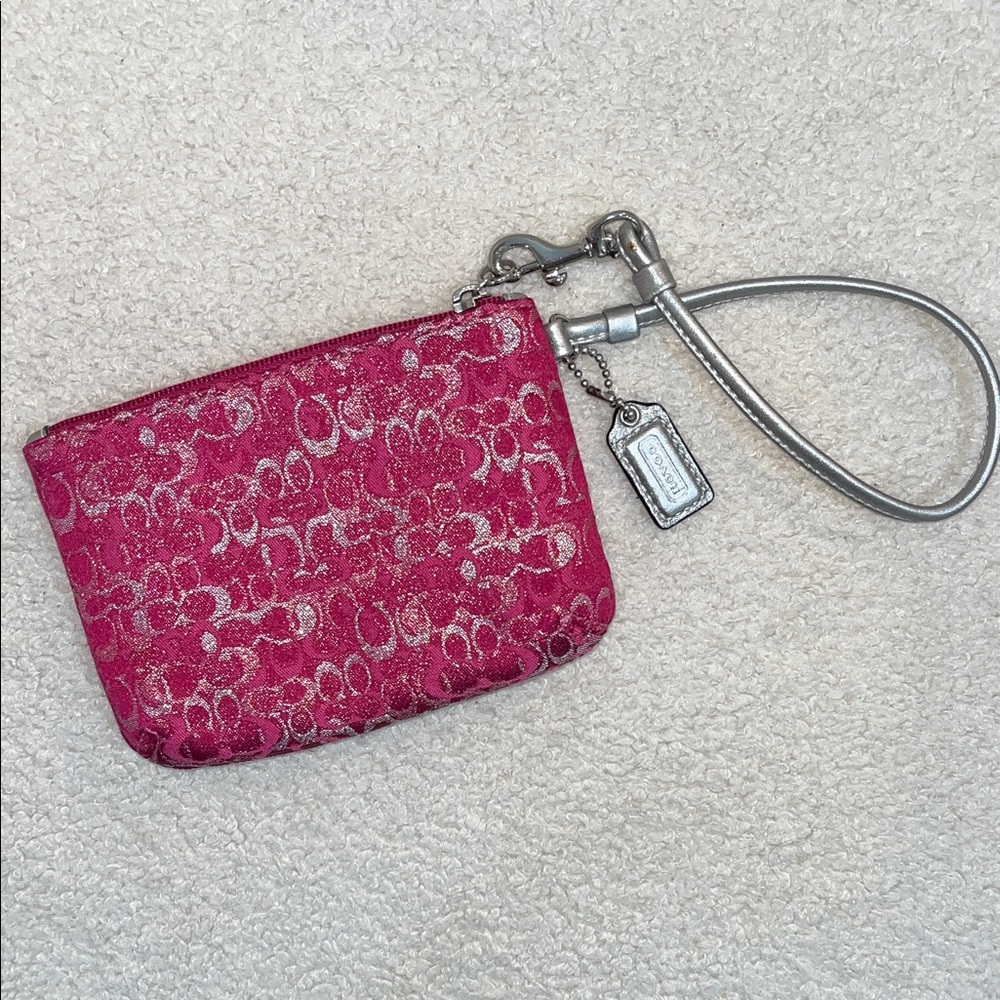 Coach Hot Pink Optic Wristlet Wallet Y2K Silver Sparkles w/ Hangtag LIKE NEW